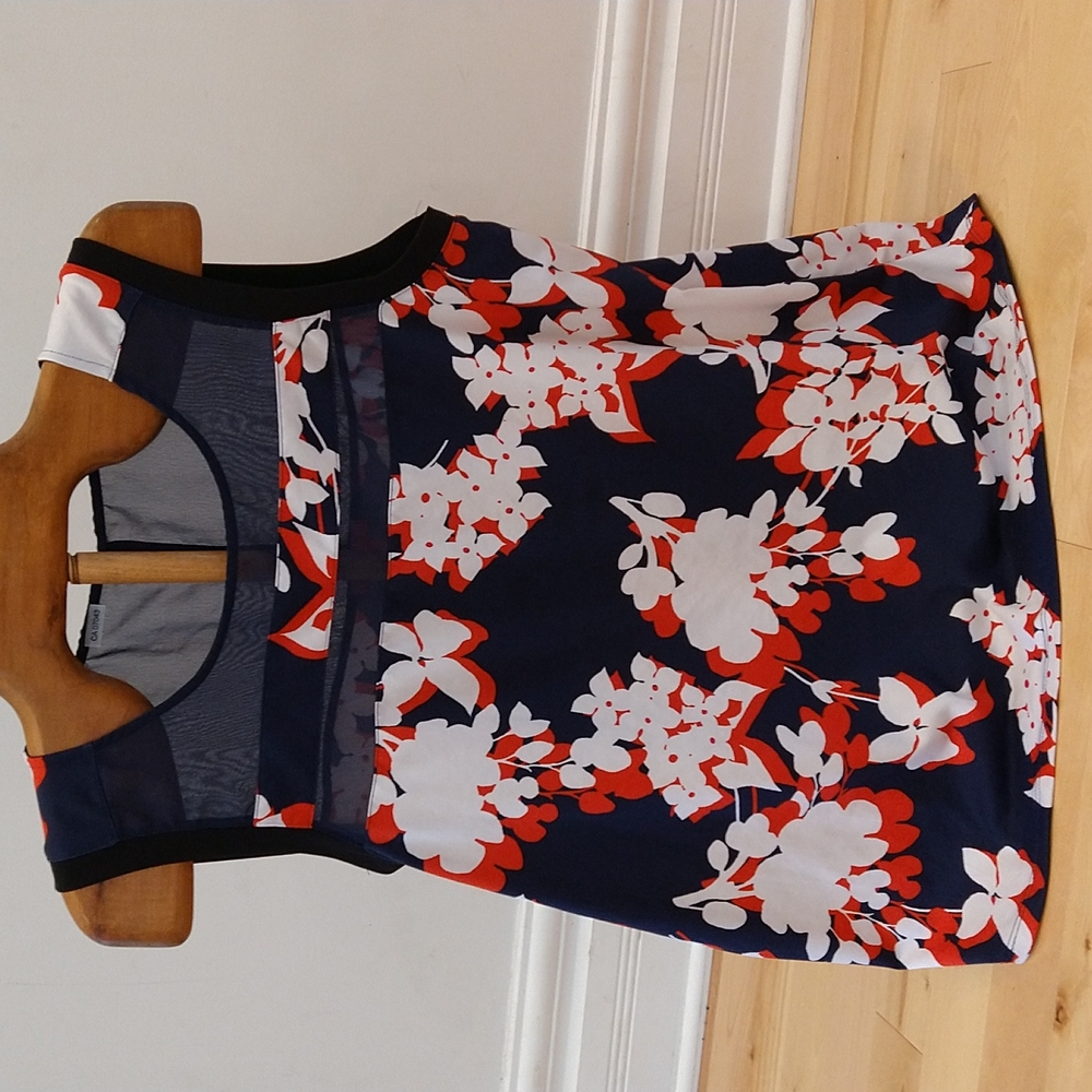 L Sunny Leigh Navy red white graphic flowers sheer tank top blouse
